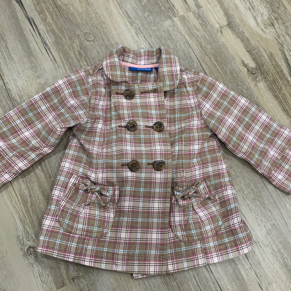 Green Dog Plaid Baby Toddler Girls Pea Button Coat Pockets w Bows